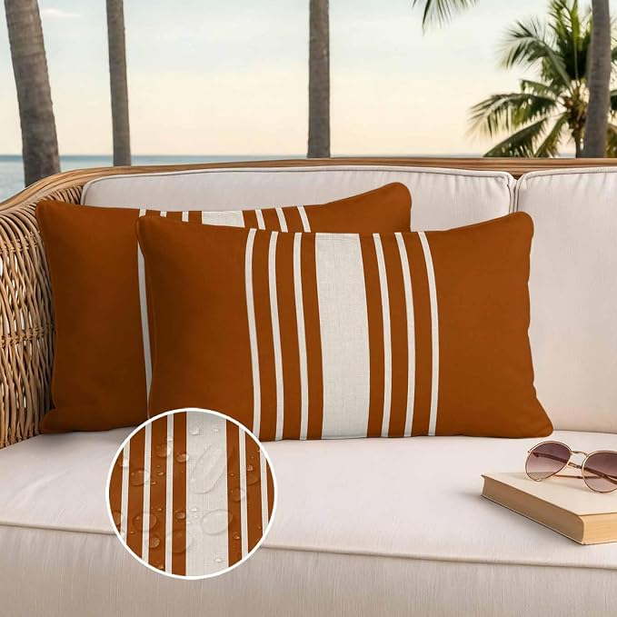 Lumbar Pillow Covers 20x12 Inch Set of 2, Burnt Orange Beige Striped Waterproof Outdoor Cushion Covers, Modern Farmhouse Retro Lines Decorative Pillowcases for Couch, Sofa, Bed, Garden, Patio