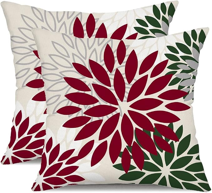 DFXSZ Outdoor Waterproof Pillow Covers 16x16 Set of 2 Red Dark Green Flower | Spring Summer Waterproof Flower Throw Pillowcases（No Inserts）Decor for Christmas Patio Funiture Garden Polyester Covers