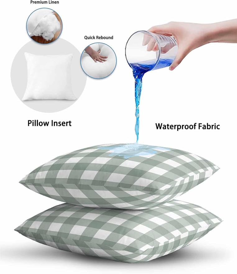 Waterproof Outdoor Pillow Set of 2 Sage Green Buffalo Plaid Decorative Throw Pillows Cover & Insert 16x16 Inch Pillowcase Check Lines Square Pillows for Couch Sofa Bed Patio Furniture Indoor Outdoor