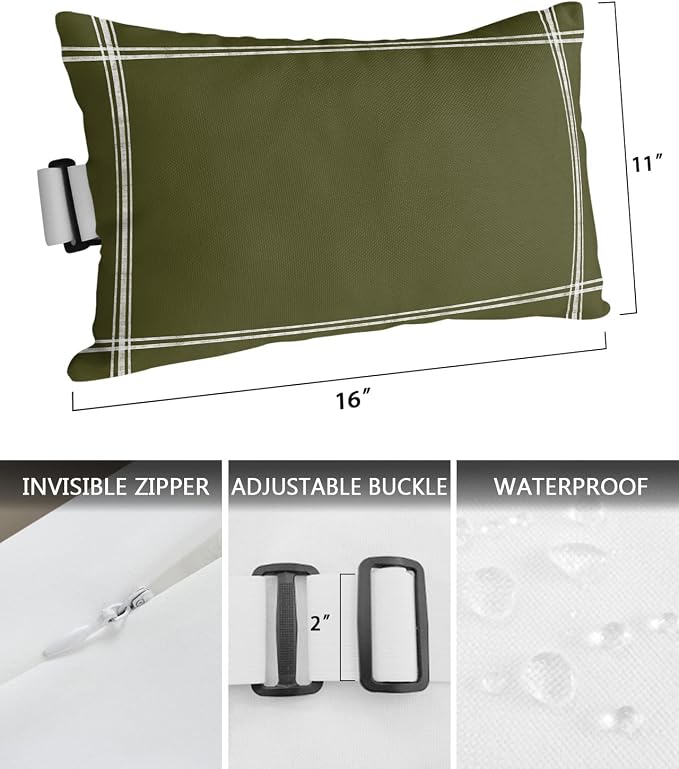 Outdoor Pillows Covers with Inserts Solid Color Dark Olive Green Waterproof Recliner Pillow with Adjustable Strap Throw Pillows for Patio Furniture Pool Lounge Chair, 11x16 inch, 1PCS