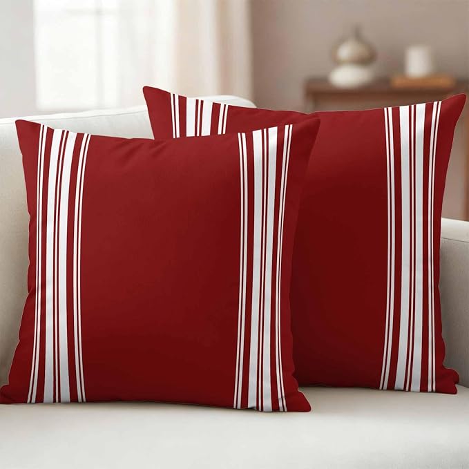 Outdoor Pillow Covers 18x18 Set of 2 Burgundy Red Stripe Outdoor Pillows Waterproof Throw Pillow Covers French Stripe Farmhouse Style Pillowcases Decorative Case for Patio Cushion