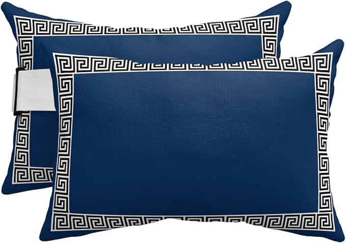 Outdoor Pillows Covers with Inserts Chinese Style Pattern Navy Blue Background Waterproof Recliner Pillow with Adjustable Strap Throw Pillows for Patio Furniture Pool Lounge Chair, 11x16 inch, 2PCS