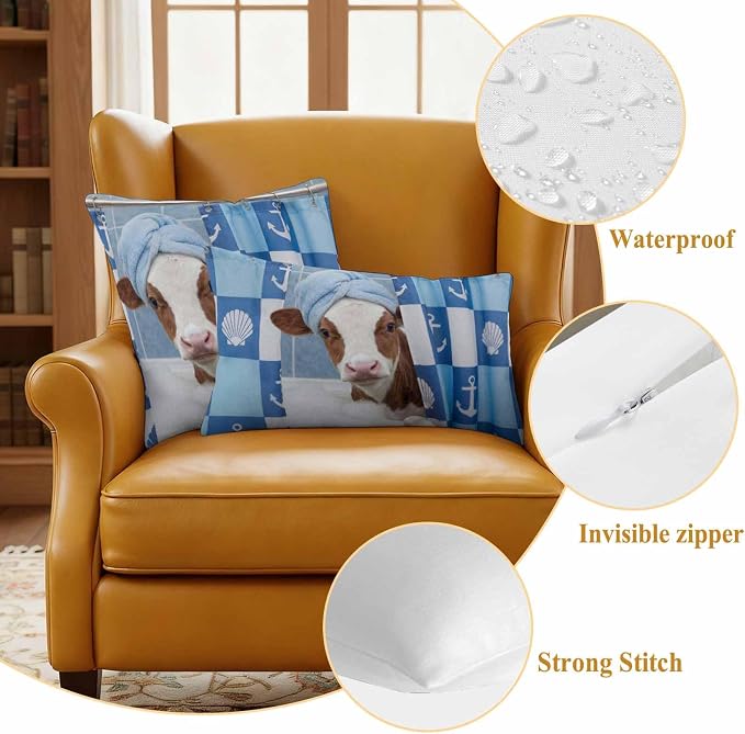 Bathing Cow Waterproof Outdoor Pillow Covers Set of 2 Home Decor, Funny Animal Showering Pillowcase Patio Pillow Covers for Couch Bench Patio Furniture Garden 18x18in
