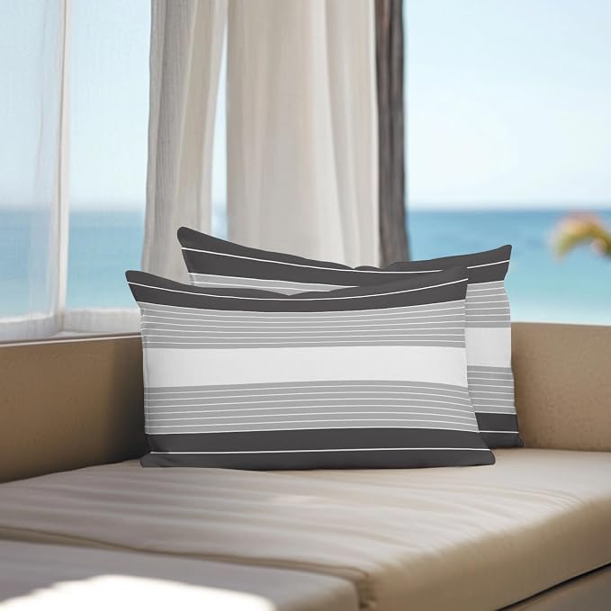 Black Grey Stripe Outdoor Pillow Covers Waterproof, All Weather Cushion Case Set of 2, Modern Art Horizontal Striped Lumbar Pillowcase for Sofa Couch Bed Decor Patio Furniture 20"x12"