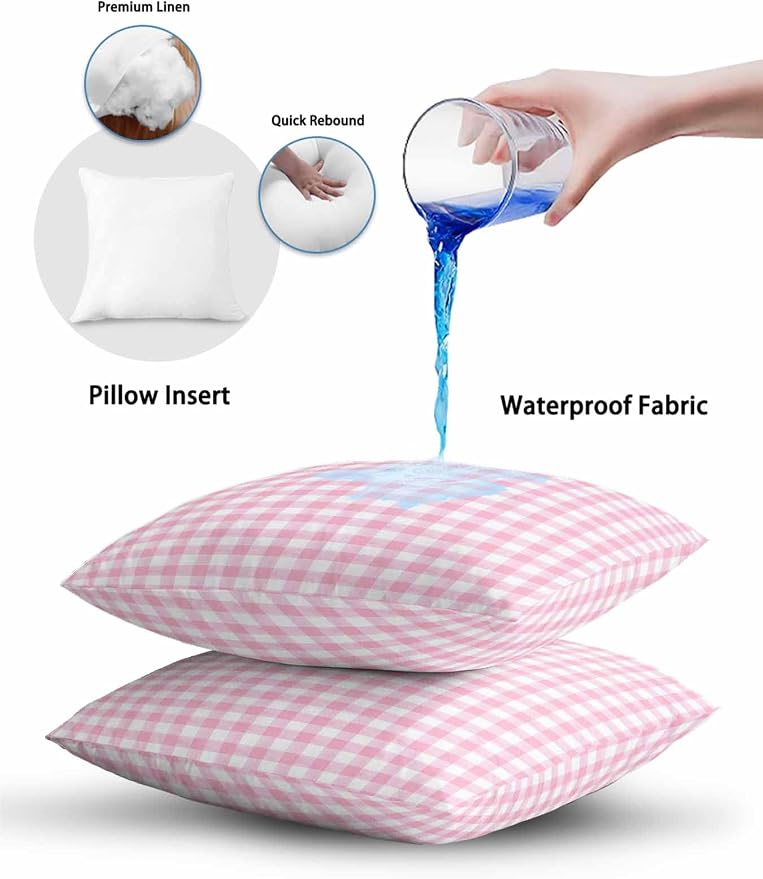 Outdoor Waterproof Throw Pillows Pink Geometric Plaid Patio Pillows Pack of 2,Decorative Pillow Covers with Insert,Pillow Cushion Case for Garden Couch Sofa Rustic Minimalist Checkered