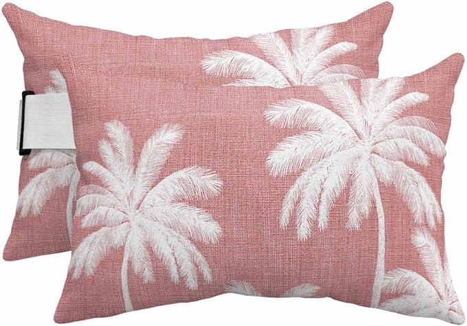 Pack of 4 Outdoor Lumbar Pillow Covers 12x20 Inch, Pink Palm Trees Waterproof Throw Pillow Covers Set, Farmhouse Tropical Summer Beach Indoor&Outdoor Decorative Cushion Cases for Patio Porch Car