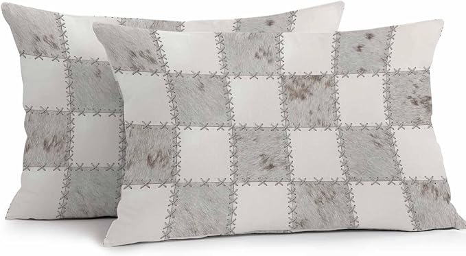 Cream Gray Checkered Outdoor Pillow Covers 20x12 Inch Lumbar Pillow Covers Set of 2 Waterproof Decorative Throw Pillow Cases Modern Farmhouse Plaid Fur Texture Cushion Covers for Patio Furniture