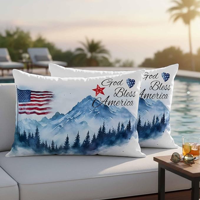 4th of July American Flag Outdoor Pillow Covers 20x12 Inch Lumbar Pillow Covers Set of 2 Waterproof Decorative Throw Pillow Cases Independence Day Forest Cushion Covers for Patio Furniture Garden