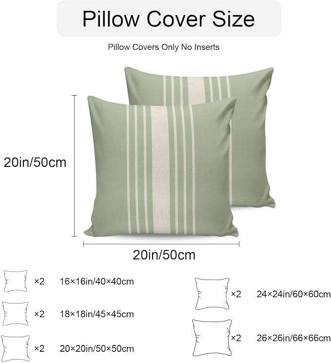 Sage Green Beige Striped Outdoor Pillow Covers 26x26 Inch Throw Pillow Covers Set of 2 Waterproof Decorative Pillow Cases Modern Farmhouse Retro Lines Cushion Covers for Patio Furniture Garden Couch