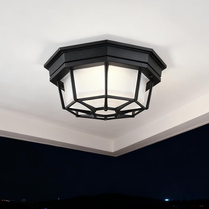 8.5 inch Black LED Ceiling Lights Set Of 2, Octagonal Black LED Outdoor Light 2700K 3000K 3500K 4000K 5000K Mid-Century Modern Ceiling Lights for Front Door,Aluminum Alloy,Glass,14W,120V,750lm-1000Lm