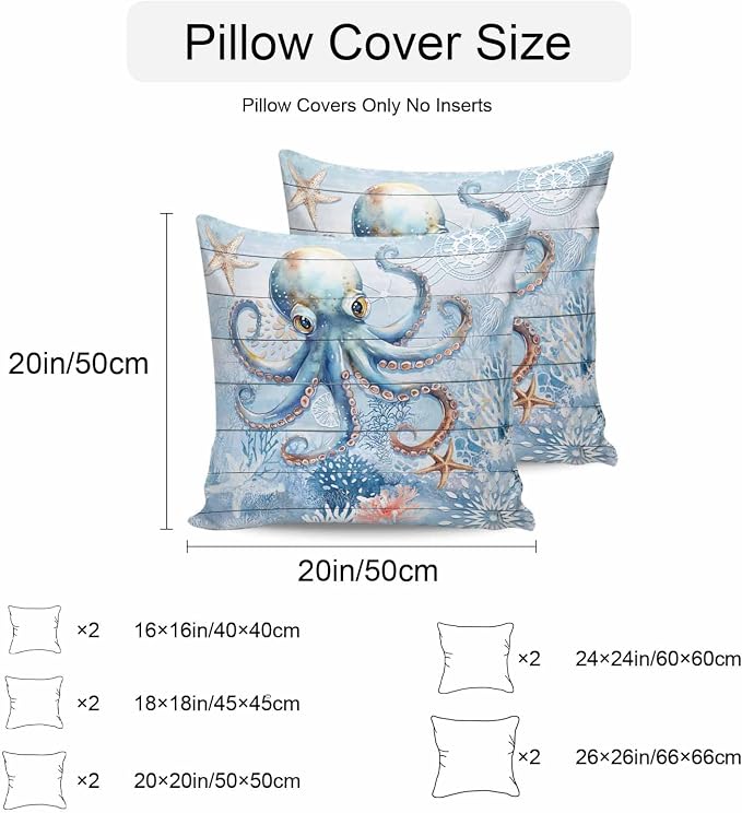 Coastal Octopus Waterproof Outdoor Pillow Covers Set of 2 Home Decor, Nautical Sea Starfish Coral Wooden Grain Pillowcase Patio Pillow Covers for Couch Bench Furniture Garden 18x18in