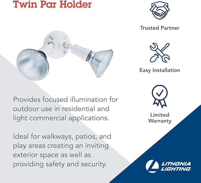 Lithonia Lighting Adjustable Twin Par Flood Light Holder, 120V, White | Outdoor Flood Light Fixture for Safety and Security, Uses 2 Lamps Up to 150W (Not Included) (OFTH 300PR 120 WH M12)