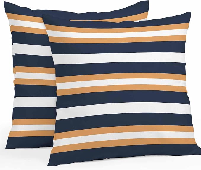 Orange Navy Blue Striped Outdoor Pillow Covers Waterproof, All Weather Cushion Case Set of 2, Minimalist Farmhouse Lines Decorative Pillowcases for Sofa Couch Bed Decor Patio Furniture 16"x16"