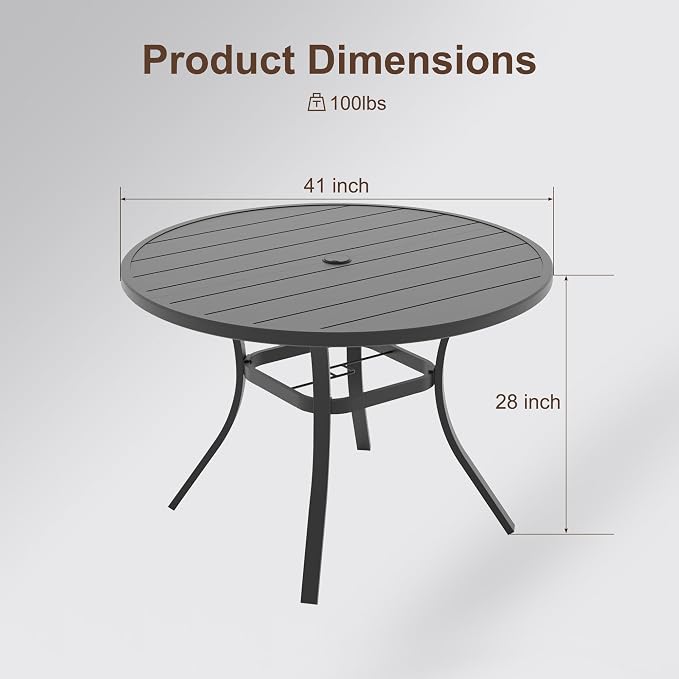 Patio Dining Table for 4,Steel Slatted Round Outdoor Table with Adjustable Umbrella Hole,41",Black