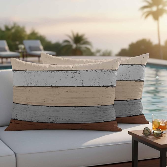 Outdoor Throw Pillow Covers 12X20 Set of 2 Waterproof Ombre Ground Color Brown Grey Decorative Zippered Cushion Covers for Patio Furniture,Lumbar Pillowcases Farmhouse Retro Rustic Barn Wood Texture