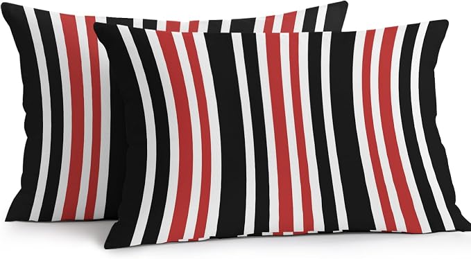 Red Black Stripe Outdoor Pillow Covers 20x12 Inch Lumbar Pillow Covers Set of 2 Waterproof Decorative Throw Pillow Cases Farmhouse Minimalist Striped Cushion Covers for Patio Furniture Garden Couch