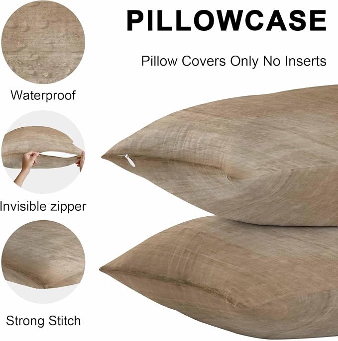 Vandarllin Outdoor Throw Pillows Covers 20x20 inch Set of 2 Waterproof Beige Linen Decorative Zippered Cushion Covers for Patio Furniture, Solid Color Texture Lumbar Pillowcases