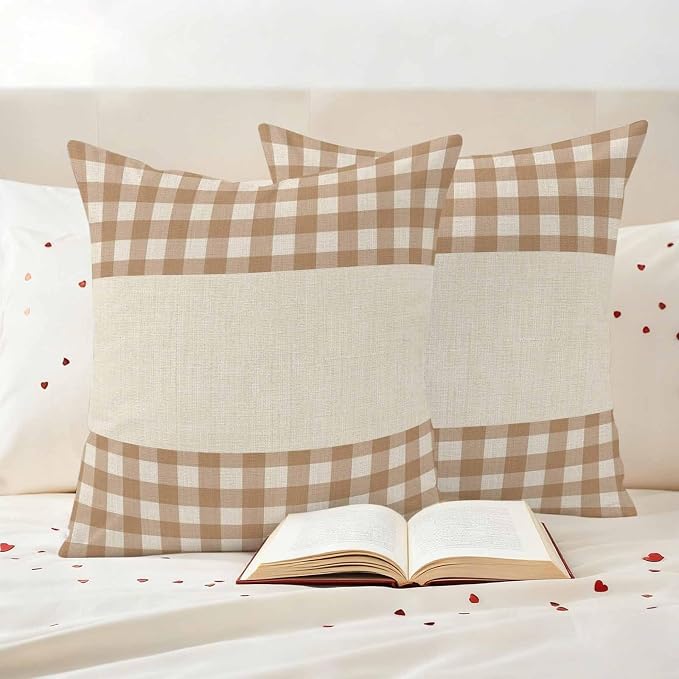 Retro Brown Outdoor Waterproof Pillow Covers, Farmhouse Buffalo Plaid Vintage Beige Decorative Square Throw Pillowcase Sofa Cushion Sham for Patio/Couch/Chair, 24"x24" 2 Pack