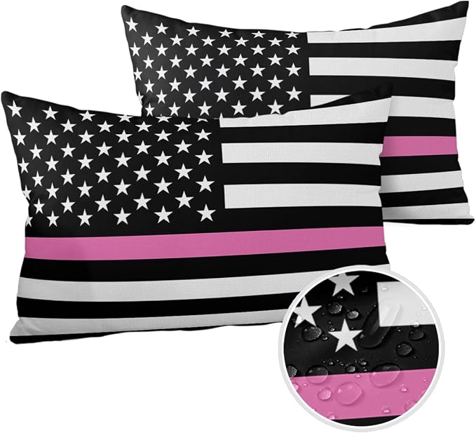 Outdoor Waterproof Pillow Covers Set of 2, Thin Pink Line Breast Cancer Awareness Women USA American Flag Patio Throw Pillow Covers, Decorative Cushion Case for Couch Sofa Furniture Garden, 20x12 Inch