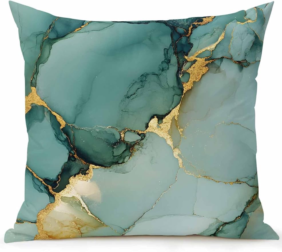 1 Pack Outdoor Throw Pillow, Teal Ombre Marble Waterproof Pillow with Insert Included, Modern Ink Painting Abstract Decorative Accent Cushion Sofa Pillows for Patio Porch, 18 x 18 in