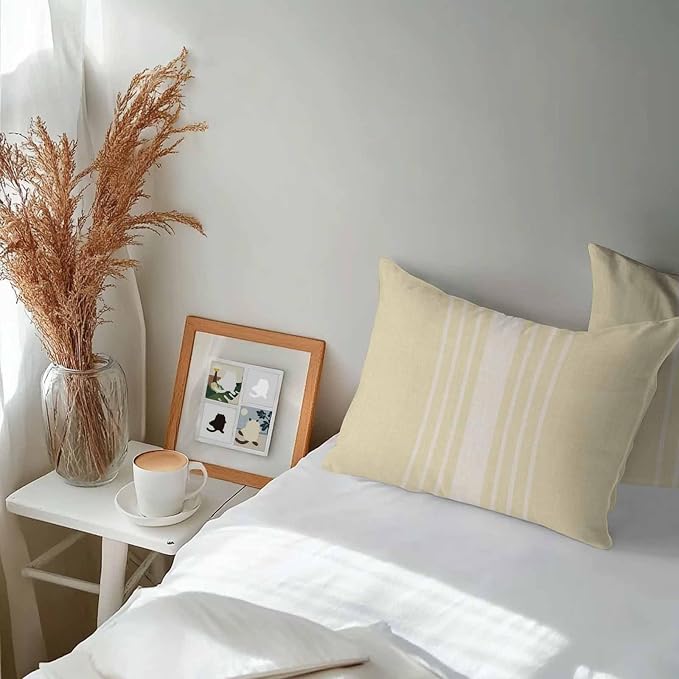 Lumbar Pillow Covers 20x12 Inch Set of 2, Cream Beige Striped Waterproof Outdoor Cushion Covers, Modern Farmhouse Retro Lines Decorative Pillowcases for Couch, Sofa, Bed, Garden, Patio