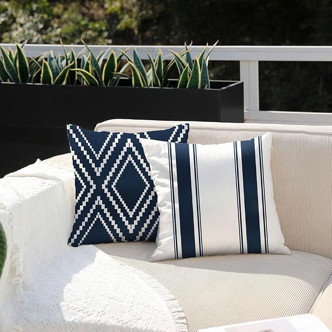 DFXSZ Outdoor Navy Blue Waterproof Geometry Pillow Covers 20x20 Set of 4 | Spring Summer Waterproof Modern Throw Pillowcases（No Inserts） Outdoor Decor for Patio Funiture Garden Polyester Covers
