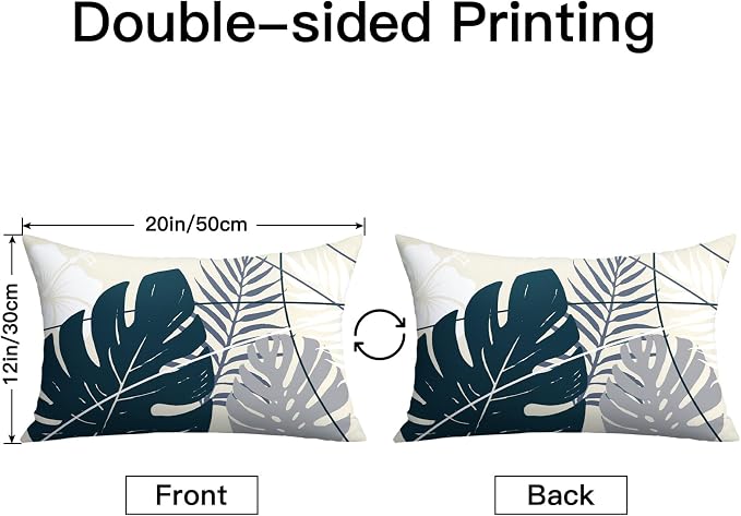 OTOSTAR Outdoor Waterproof Throw Pillow Covers 12x20 Inch Set of 2 Double-Sided Dark Blue Grey Tropical Leaf and Flower Spring Summer Decorative Pillow Cases for Patio Funiture Garden Balcony Couch