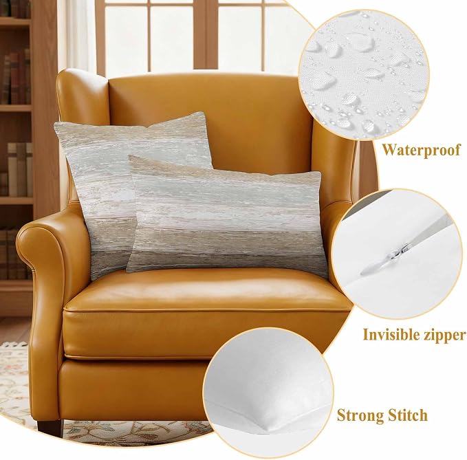 Outdoor Waterproof Throw Pillow Covers, Vintage Brown Grey Decorative Pillow Cases, Farmhouse Barn Wooden Striped Couch Pillow Protector Patio Sofa Cushion Covers Replacement 26"x26" 2 Pack