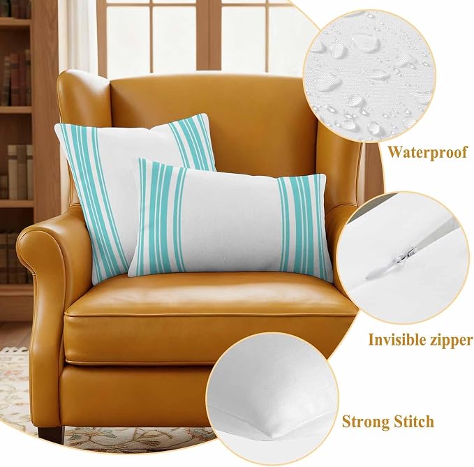 Outdoor Waterproof Throw Pillow Covers Set of 2 Turquoise Stripes Pillowcases 24x24 Inches White Vertical Striped Decorative Pillows Cushion Case Patio Pillows for Couch Bed Chair Garden