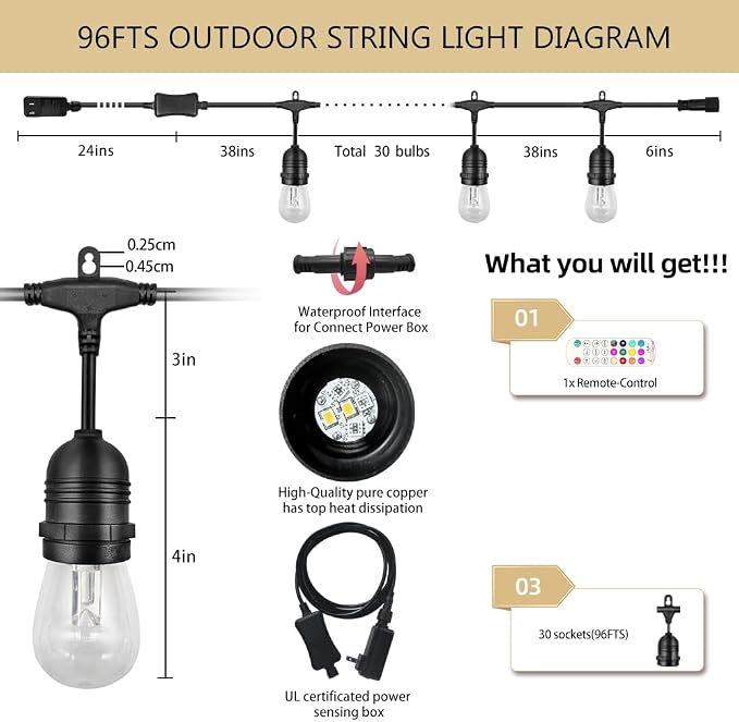 GANA Outdoor String Lights, Patio Lights 96FT Music Flash RGBW Colourful, Safe 12V Low Voltage LED Shatterproof Bulbs Connectable, Heavy Duty Wire IP65 Waterproof Level, for Courtyards Bistro
