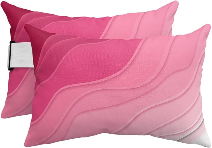 Geometric Ombre Chaise Lounge Pillows Outdoor, Aesthetic Pink White Gradient Abstract Head Pillows, Modern Waterproof Patio Furniture Lumbar Pillows with Adjustable Elastic Strap for Recliner Beach