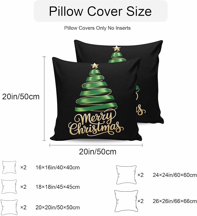 Black Christmas Tree Outdoor Pillow Covers 26 x 26 Inches, Green Xmas Tree with Star Waterproof Throw Pillow Cover Set of 2, Christmas Black Decorative Square Cushion Covers for Patio/Couch
