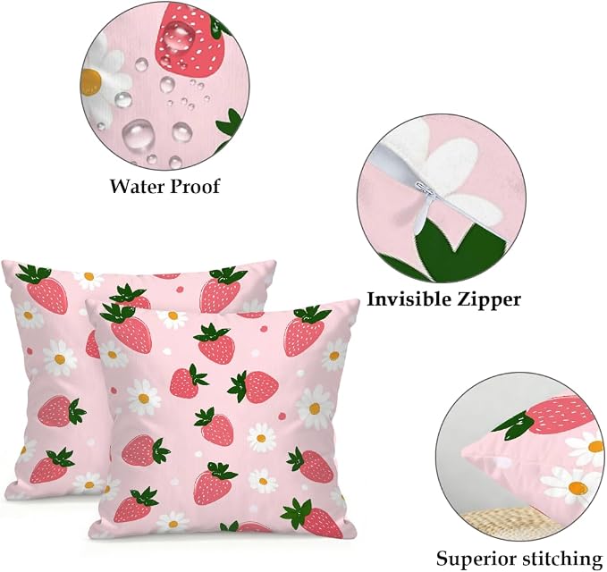 18x18 Inch Outdoor Pillow Covers Set of 2 Waterproof Throw Pillow Covers Decorative Couch Cushion Covers Pink Strawberries Daisy Square Pillowcases Protectors for Patio Garden Sofa