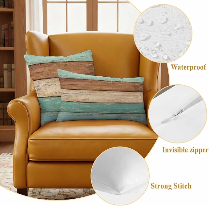 Farmhouse Teal Blue Brown Outdoor Waterproof Pillow Covers, Vintage Wooden Striped Decorative Square Throw Pillowcase Sofa Cushion Sham for Patio/Couch/Chair, 20"x20" 2 Pack