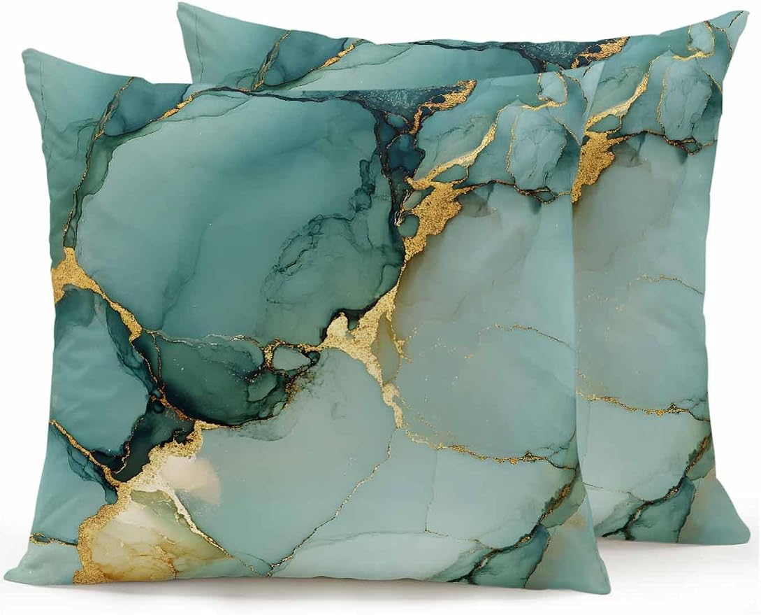 Outdoor Throw Pillow Set of 2, Teal Ombre Marble Waterproof Pillow with Insert Included, Modern Ink Painting Abstract Decorative Accent Cushion Sofa Pillows for Patio Porch, 16 x 16 in