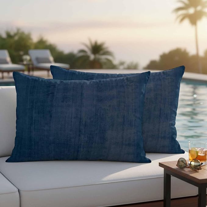 Vandarllin Outdoor Throw Pillows Covers 20x12 inch Set of 2 Waterproof Navy Blue Linen Decorative Zippered Cushion Covers for Patio Furniture, Solid Color Texture Lumbar Pillowcases