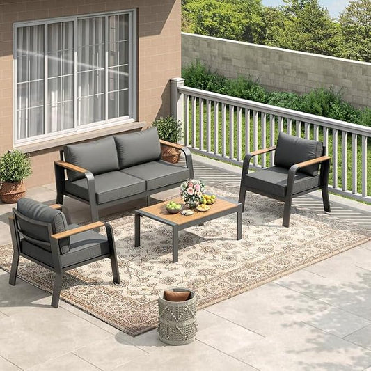 Garvee Aluminum Outdoor Patio Furniture Set with Coffee Table 4 Seats Patio Conversation Set Washable Thick Cushions All-Weather Metal Outdoor Furniture Sets for Poolside Balcony Deck, Gray