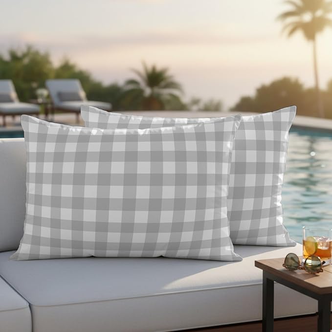 Light Gray Checks Outdoor Pillow Covers 20"x12" Set of 2, Gingham Plaid Abstract Modern Minimalist Waterproof Throw Pillow Covers for Patio Furniture, Decorative Cushion Covers for Porch