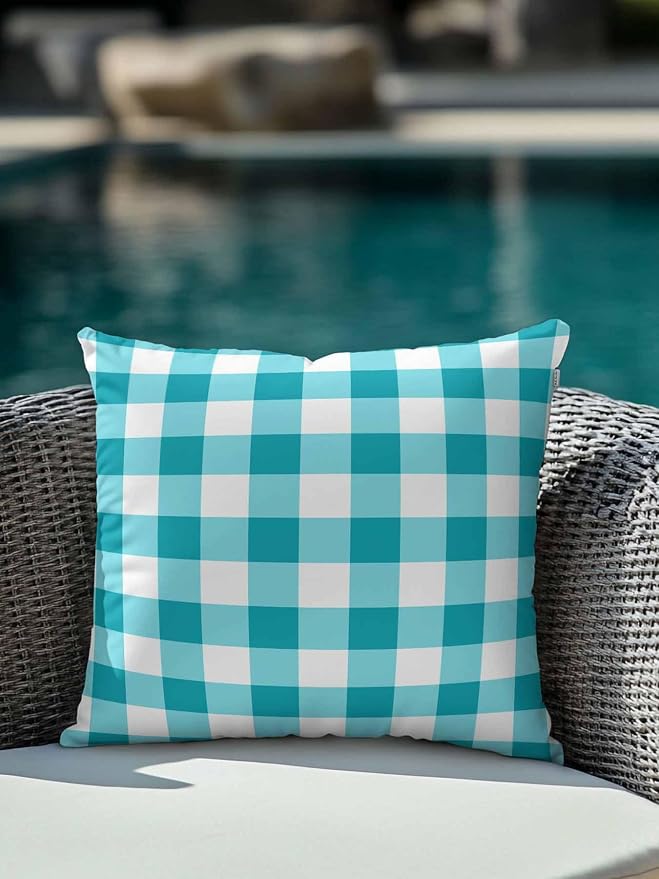 Waterproof Outdoor Pillow 1 Pack Turquoise Buffalo Plaid Decorative Throw Pillows Cover & Insert 18x18 Inch Pillowcase Check Lines Square Pillows for Couch Sofa Bed Patio Furniture Indoor Outdoor