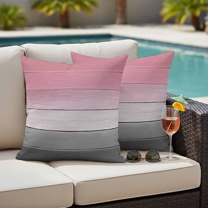 Pink Gray Outdoor Pillow Covers 16x16 Inch Throw Pillow Covers Set of 2 Waterproof Decorative Pillow Cases Vintage Country Gradient Wooden Plank Line Cushion Covers for Patio Furniture Garden Couch