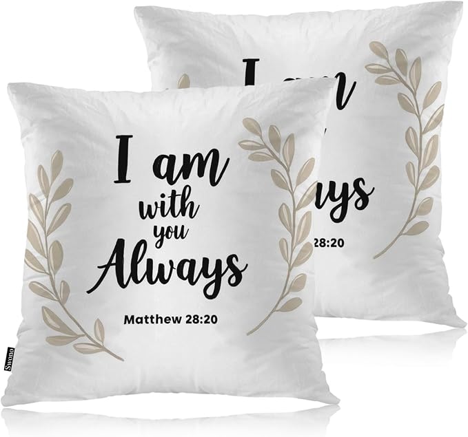 Swono Bible Quote Pillow Covers, Lettering I Am with You Always Decorative Pillow Case Home Sofa Cushion Set Bible Proverb Pillow Cushion Cases for Bed/Patio/Garden/Balcony, 2-Pack 18x18 Inch