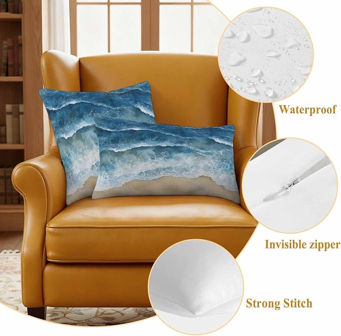 Abstract Waves Outdoor Waterproof Throw Pillow Covers Set of 2, 16"x16", Blue Ocean Spray Beach Watercolor Decorative Pillow Covers Outside Cushion Case for Patio Porch Garden