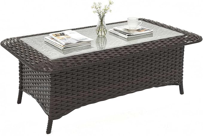 Outdoor Coffee Table with Tempered Glass Top, Wicker Patio Coffee Table Compatible with Patio Furniture Sets for Porch, Deck, Backyard, Brown