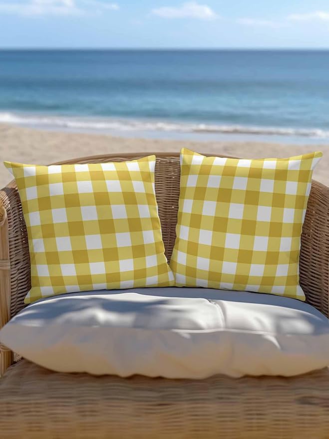 Waterproof Outdoor Pillow 1 Pack Yellow Buffalo Plaid Decorative Throw Pillows Cover & Insert 16x16 Inch Pillowcase Check Lines Square Pillows for Couch Sofa Bed Patio Furniture Indoor Outdoor