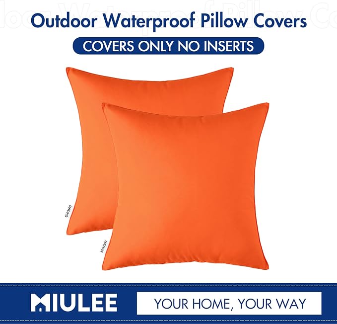 MIULEE Decorative Outdoor Waterproof Pillow Covers 18x18 Orange | Decorative Patio Furniture,Pack of 2,Accent Square Soild Throw Pillow Covers,Summer Garden Tent Couch Sofa