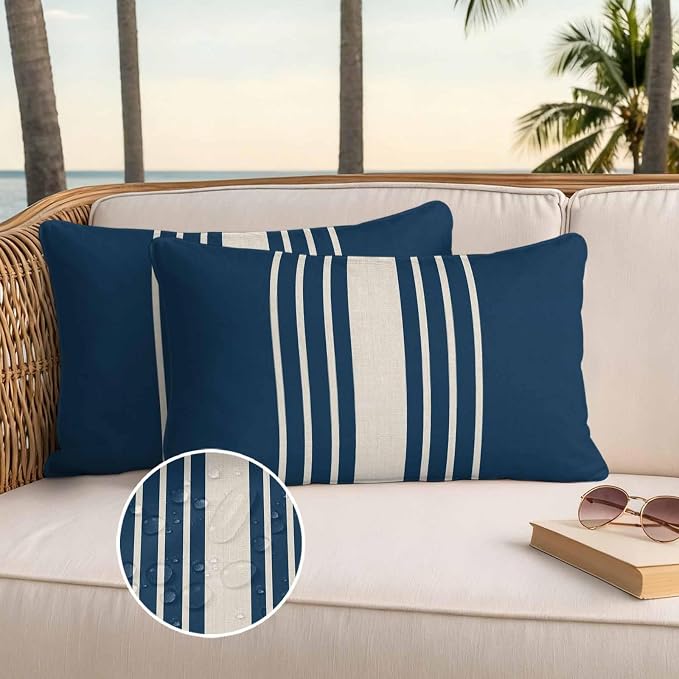 Lumbar Pillow Covers 20x12 Inch Set of 2, Navy Blue Beige Striped Waterproof Outdoor Cushion Covers, Modern Farmhouse Retro Lines Decorative Pillowcases for Couch, Sofa, Bed, Garden, Patio