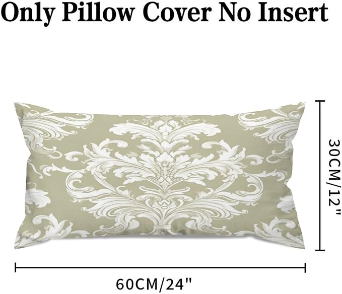 Set of 2 Tan Off Green White Damask Pattern Print Pillow Covers 12x24in Farmhouse Canvas Cushion Covers Outdoor for Couch Chair Home Decor for Family Friends