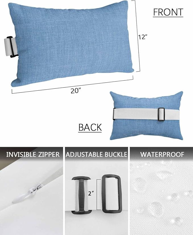 Outdoor Pillow for Chaise Lounge Chair Blue Rustic Vintage Burlap Texture Outdoor Pillows Waterproof with Adjustable Strap Headrest Lumbar Pillows for Garden Patio Furniture 1 Pack 12" x 20"