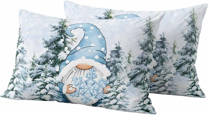 Christmas Gnome Outdoor Throw Pillow Cover Xmas Blue Snowflake Waterproof Cushion Covers 2 Pack Winter Snowy Pine Forest Pillow Cases Home Decoration for Patio Garden Couch Sofa 20x12In