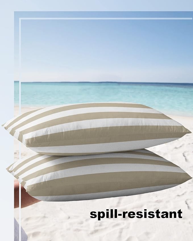Outdoor Pillows 20x12 Waterproof Outdoor Pillow Covers Khaki White Stripes Polyester Throw Pillow Covers Garden Cushion Decorative Case for Patio Couch Decoration Set of 2 Geometric